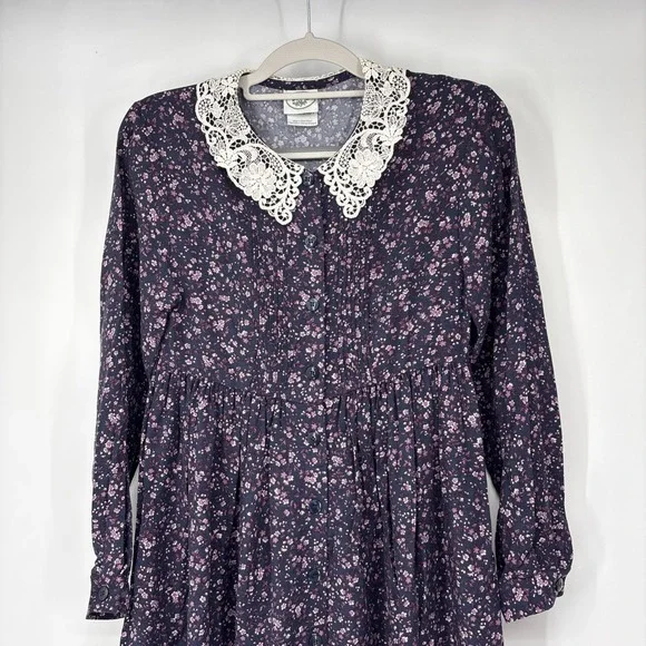 VTG Laura Ashley Lace Collar Tea Dress 4 Purple Prairie Romantic Coquette Ditsy - Picture 3 of 12
